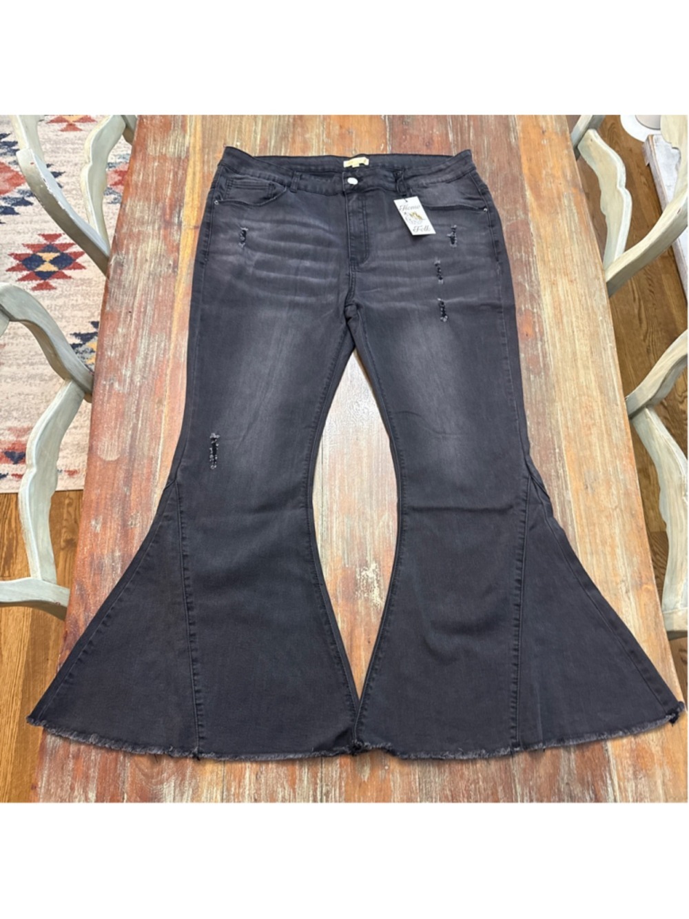 Home Folk Black Distressed Extreme Flare Bell Bottom Jeans Plus Size 20 NWT